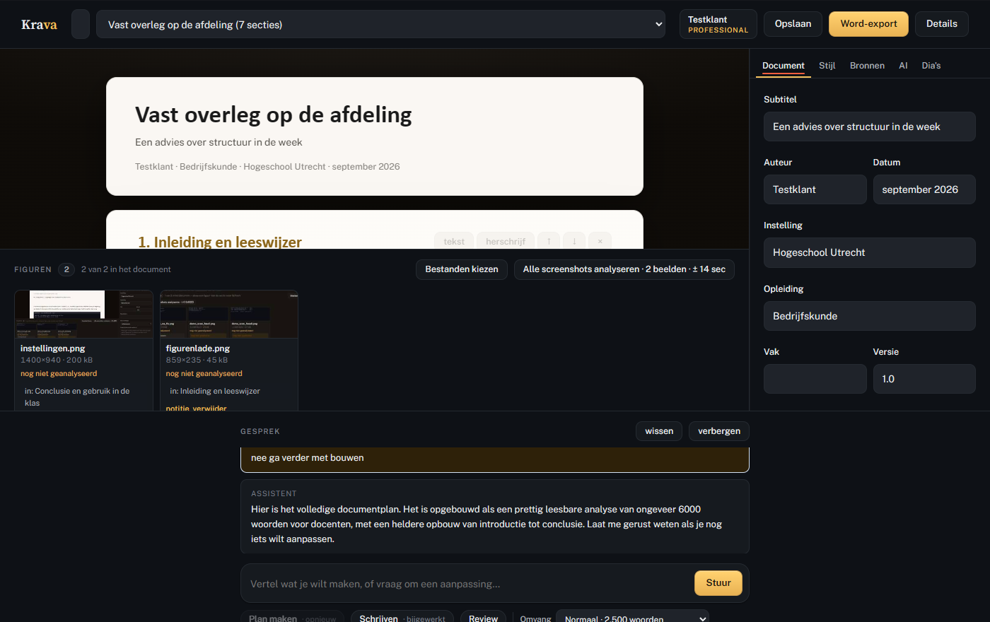 Het Krava-venster: links het document met een sectie en een figuur, onderaan de gespreksbalk, rechts de documentgegevens.